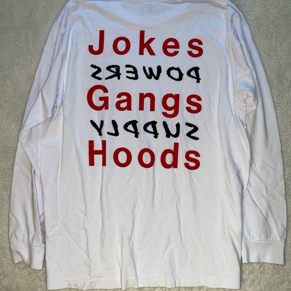 Powers Supply White Long Sleeve Graphic Cotton Tee “Jokes Gangs Hoods” - Picture 3 of 7